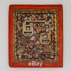 Antique Hand Carved Chinese Wood Panel Red Lacquer Fruit Longevity Symbol