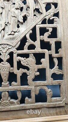 Antique Hand Carved Chinese Wood Wall Panel Bird Fish Fan Floral Beautiful As Is