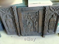 Antique Hand Carved Large Wood Cabinet Door Panels Catholic Scene Sculptures