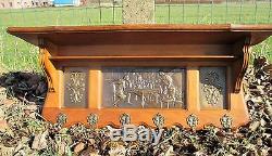 Antique Hand Carved Oak Coat Hat Rack Wood Brass Panels Gorgeous