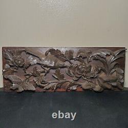 Antique Hand Carved Walnut Panel / Plaque with Bird, Butterfly, & Flowers 16 x 6