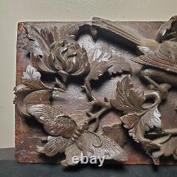 Antique Hand Carved Walnut Panel / Plaque with Bird, Butterfly, & Flowers 16 x 6