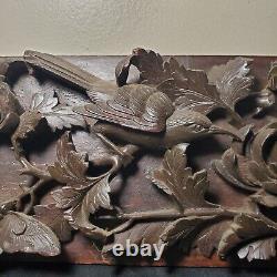 Antique Hand Carved Walnut Panel / Plaque with Bird, Butterfly, & Flowers 16 x 6