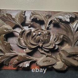 Antique Hand Carved Walnut Panel / Plaque with Bird, Butterfly, & Flowers 16 x 6