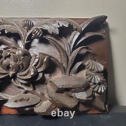 Antique Hand Carved Walnut Panel / Plaque with Bird, Butterfly, & Flowers 16 x 6