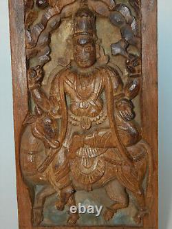 Antique Hand Carved Wood Shiva Deity Riding Nandi Bull Panel On Iron Stand