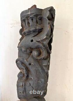 Antique Hand Carved Wood Standing Lion Peacock Figure Temple Door Bracket Panel
