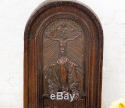 Antique Hand Carved Wood Wall Panel Bas Relief Tableaux Crucifix Virgin H. Ghost