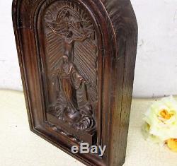 Antique Hand Carved Wood Wall Panel Bas Relief Tableaux Crucifix Virgin H. Ghost