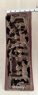 Antique Hand Relief Carved Gilt Wood Wall Plaque Panel Chinese Tradition