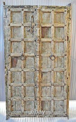 Antique Hard Teak Wood Big Size Door Panel Pair Original Old Hand Carved Painted