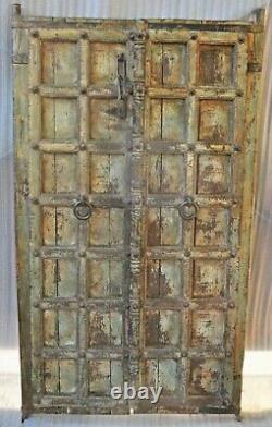 Antique Hard Teak Wood Big Size Door Panel Pair Original Old Hand Carved Painted