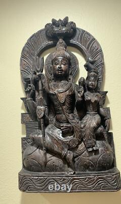 Antique Hindu Solid Block Wood Carving Shiva Parvati Kirtimukha Arch Wall Panel