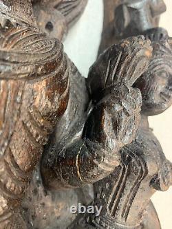 Antique Hindu Solid Block Wood Carving Shiva Parvati Kirtimukha Arch Wall Panel