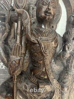 Antique Hindu Solid Block Wood Carving Shiva Parvati Kirtimukha Arch Wall Panel