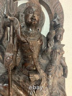 Antique Hindu Solid Block Wood Carving Shiva Parvati Kirtimukha Arch Wall Panel