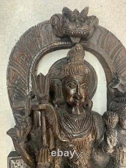 Antique Hindu Solid Block Wood Carving Shiva Parvati Kirtimukha Arch Wall Panel