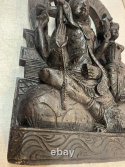 Antique Hindu Solid Block Wood Carving Shiva Parvati Kirtimukha Arch Wall Panel