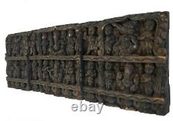 Antique India Hand Carved Wood Hindu Ganesh Temple Figure Relief Wall Panel