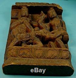 Antique Indian Hindu Temple Carved Wood Sexually Explicit Panel