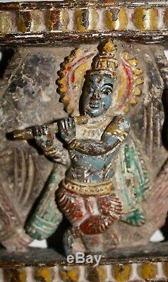 Antique Indian Hindu temple wood panel Vishnu Lakshmi hand carved painted
