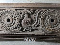 Antique Indian Ornate Carved Wood Wall Door Panel Plaque Peacock
