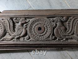 Antique Indian Ornate Carved Wood Wall Door Panel Plaque Peacock