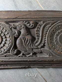 Antique Indian Ornate Carved Wood Wall Door Panel Plaque Peacock