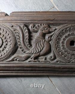 Antique Indian Ornate Carved Wood Wall Door Panel Plaque Peacock