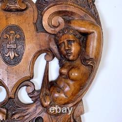 Antique Italian Neo-Rennaisance Hand Carved Wooden Sgabello Carving, Nude Woman