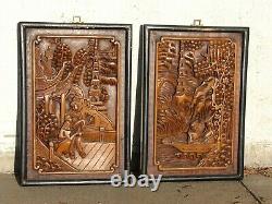 Antique JAPANESE Hand Carved WOOD Wall Panel Art ASIAN Figures Oriental VTG