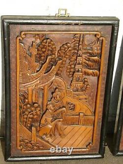 Antique JAPANESE Hand Carved WOOD Wall Panel Art ASIAN Figures Oriental VTG
