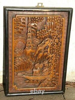 Antique JAPANESE Hand Carved WOOD Wall Panel Art ASIAN Figures Oriental VTG