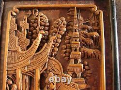 Antique JAPANESE Hand Carved WOOD Wall Panel Art ASIAN Figures Oriental VTG