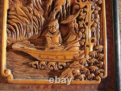 Antique JAPANESE Hand Carved WOOD Wall Panel Art ASIAN Figures Oriental VTG