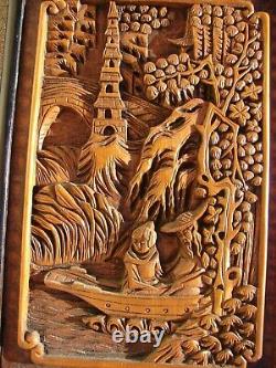 Antique JAPANESE Hand Carved WOOD Wall Panel Art ASIAN Figures Oriental VTG