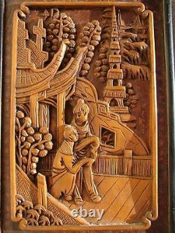 Antique JAPANESE Hand Carved WOOD Wall Panel Art ASIAN Figures Oriental VTG