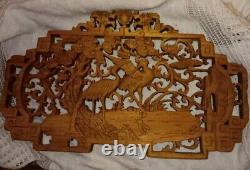 Antique Japanese Ranma Wood Panel Openwork Carvings Intricate Cranes Scene VGC