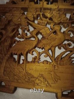 Antique Japanese Ranma Wood Panel Openwork Carvings Intricate Cranes Scene VGC