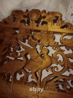 Antique Japanese Ranma Wood Panel Openwork Carvings Intricate Cranes Scene VGC