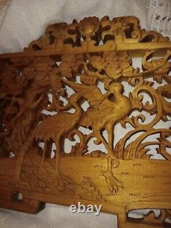 Antique Japanese Ranma Wood Panel Openwork Carvings Intricate Cranes Scene VGC