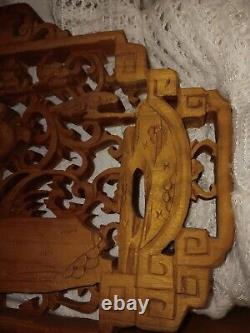 Antique Japanese Ranma Wood Panel Openwork Carvings Intricate Cranes Scene VGC