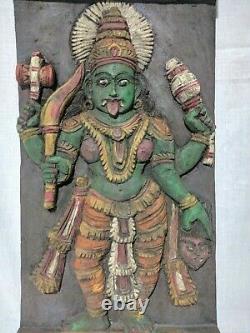 Antique Kali Devi Wall Hanging Panel Hand Carved Wooden Durga Idol Temple Art