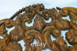 Antique Large Carved Panel Cornucopia Shield Flower Grapes Wall Mantle Hanging