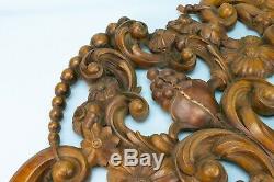 Antique Large Carved Panel Cornucopia Shield Flower Grapes Wall Mantle Hanging