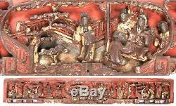 Antique Long Chinese Qing Carved Wood Panel Gold Gilt People Temple China Old
