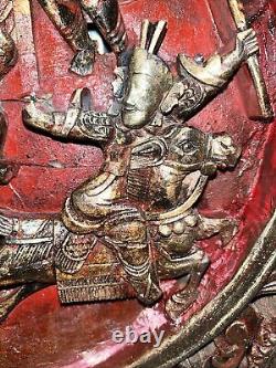 Antique MASSIVE Chinese Wood Carved Panel Wall Hanging 3d Gold 22x16 Dragon Men