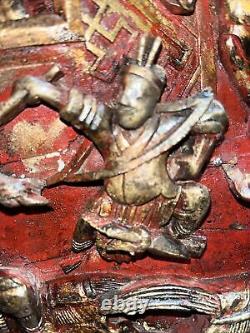 Antique MASSIVE Chinese Wood Carved Panel Wall Hanging 3d Gold 22x16 Dragon Men