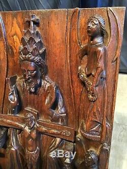 Antique Oak Wood Carved Church Wall Panel Jesus Christ God Angels