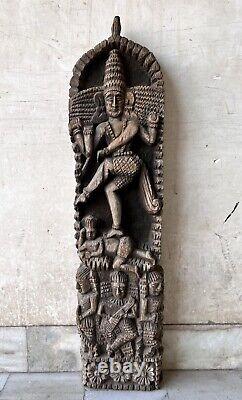 Antique Old Hand Carved Wood Hindu God Shiv Tandav Figurine Sculpture Wall Panel